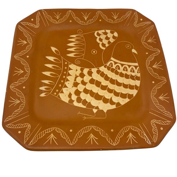Ceramica Convento Jesu Maria Aracena etched clay sgraffito wall plate bird Spain